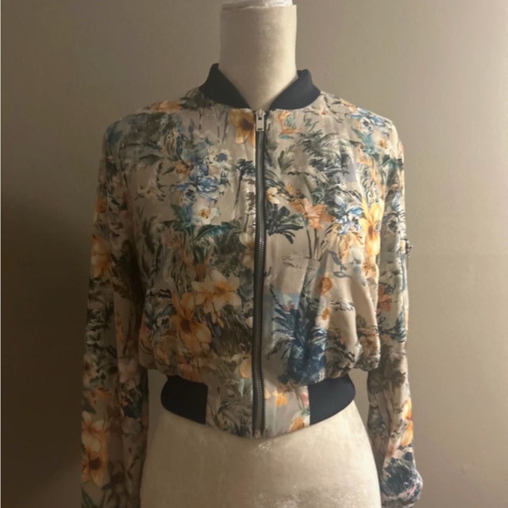 Zara Beige Floral Bomber Jacket with Yellow and Blue Blooms